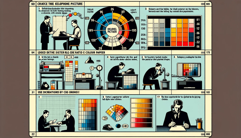 A stylized vintage instructional diagram titled 'CRIATCE THIE KELOPHONE PICCTURE' showing various methods of transmitting images via telephone. The page features color charts, technical illustrations of equipment, and men operating early image transmission devices. The layout includes color wheels and grid systems for encoding visual information.