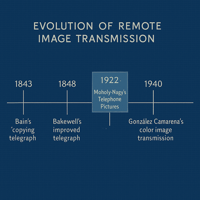 A blue timeline infographic titled 'EVOLUTION OF REMOTE IMAGE TRANSMISSION' showing four key developments: 1843 - Bain's 'copying telegraph', 1848 - Bakewell's improved telegraph, 1922 - Moholy-Nagy's Telephone Pictures, and 1940 - González Camarena's color image transmission.