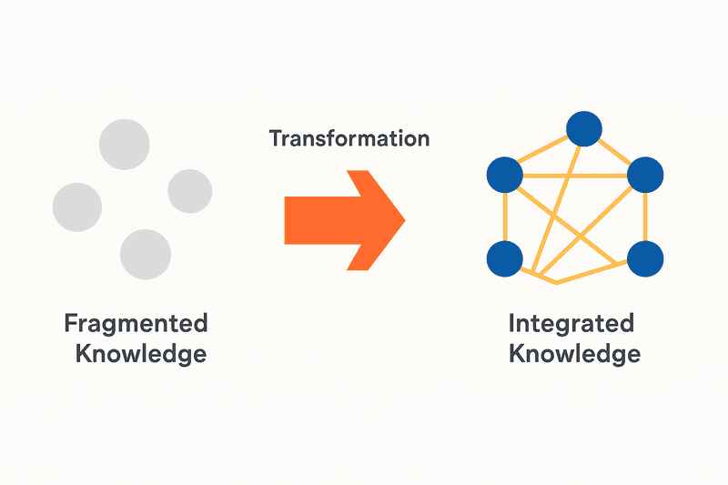 Diagram illustrating how, by systematically addressing multiple W-questions, organizations transform fragmented knowledge—shown as unconnected grey dots—into integrated knowledge—shown as connected blue dots—achieving greater precision and defining tolerance thresholds for gaps.