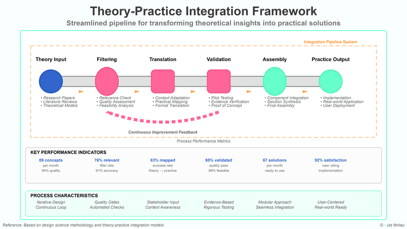 A visual diagram of the "Theory-Practice Integration Framework," illustrating a streamlined pipeline for transforming theoretical insights into practical solutions. The process flows through six main stages: Theory Input (research papers, literature reviews, theoretical models), Filtering (relevance check, quality assessment, feasibility analysis), Translation (context adaptation, practical mapping, format translation), Validation (pilot testing, evidence verification, proof of concept), Assembly (component integration, solution synthesis, final assembly), and Practice Output (implementation, real-world application, user deployment). Below, key performance indicators and process characteristics such as iterative design, quality gates, stakeholder input, evidence-based testing, modular approach, and user-centered design are listed.