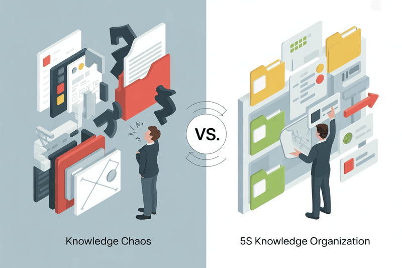 Side-by-side comparison illustrating knowledge management transformation from chaotic information environment with scattered files, broken links, and confused users on the left, versus systematically organized 5S knowledge environment with clear hierarchies, streamlined access, and efficient workflows on the right. Shows business professional struggling with disorganized information versus confident user navigating structured knowledge system.